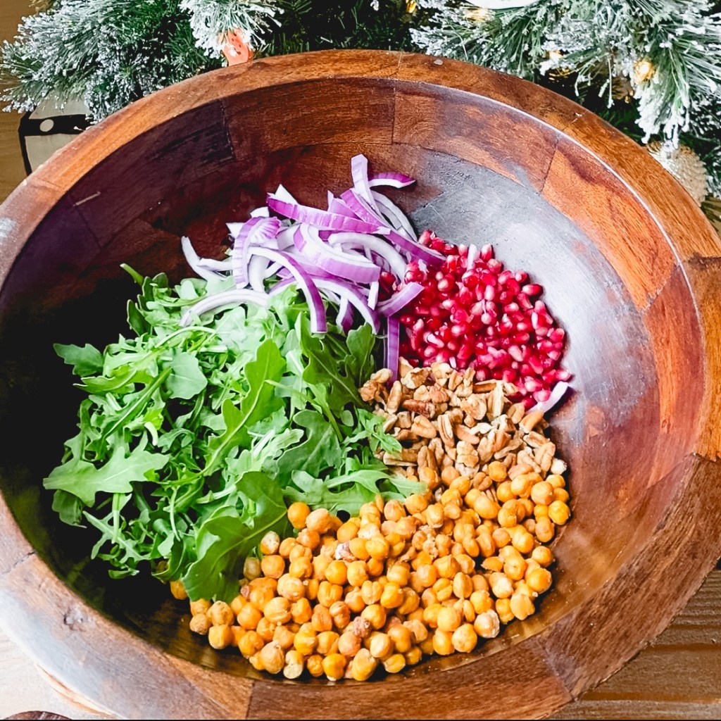 Arugula and Pomegranate Salad with Crispy Chickpeas